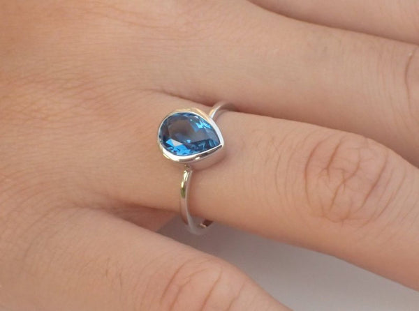 7x5mm London Blue Topaz Engagement Ring, 0.75ct Pear Cut Wedding Ring in 14k Solid Gold, Blue Topaz Anniversary Ring
