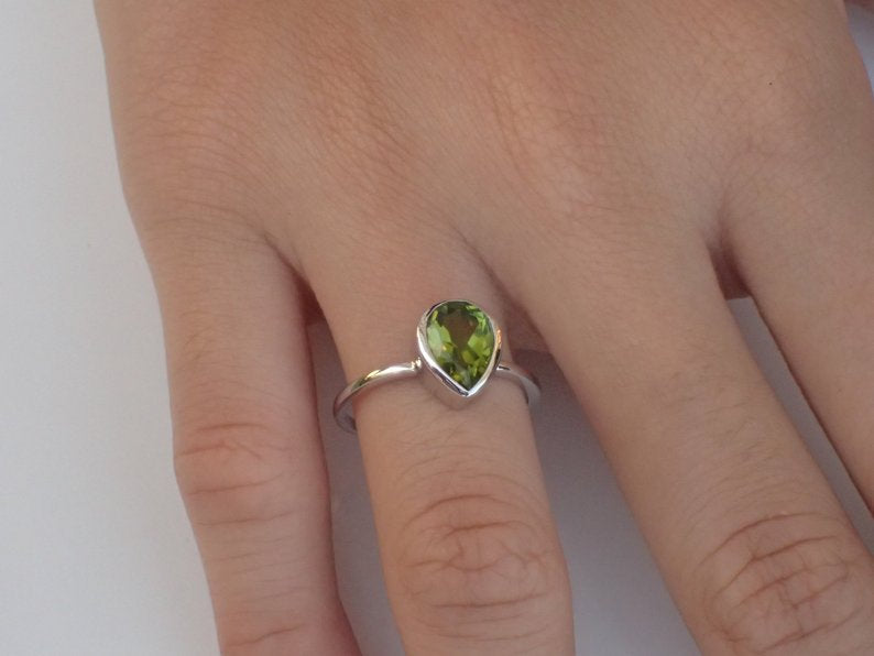 7x5mm Bezel Set Peridot Engagement Ring, 0.75ct Pear Cut Wedding Ring in 14k Solid Gold, Peridot Anniversary Ring