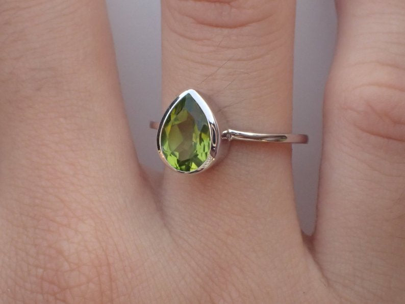 7x5mm Bezel Set Peridot Engagement Ring, 0.75ct Pear Cut Wedding Ring in 14k Solid Gold, Peridot Anniversary Ring