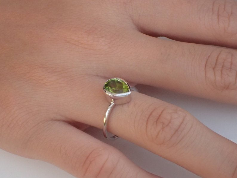 7x5mm Bezel Set Peridot Engagement Ring, 0.75ct Pear Cut Wedding Ring in 14k Solid Gold, Peridot Anniversary Ring