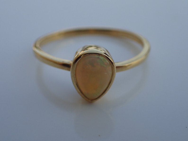 7x5mm Bezel Set Opal Engagement Ring, 0.75ct Pear Cut Wedding Ring in 14k Solid Gold, Opal Anniversary Ring