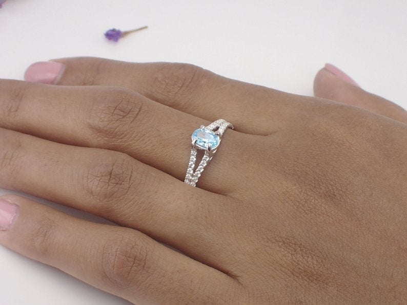 6x4mm Aquamarine Split Shank Engagement Ring, VS E-F Diamonds with 0.50ct Oval Cut Wedding Ring in 14k Solid Gold