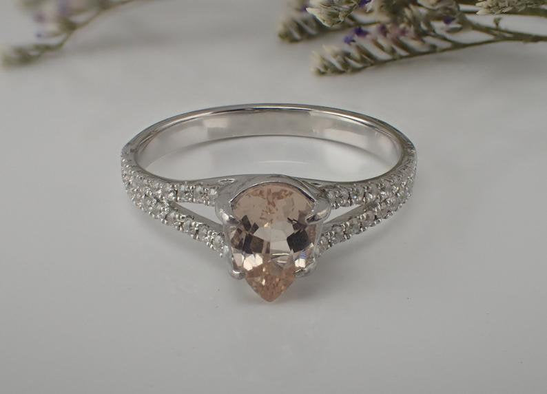 7x5mm Pear Shape Morganite Engagement Ring, 14k Solid Gold Light Pink Morganite, VS E-F Diamond Split Shank Wedding Ring