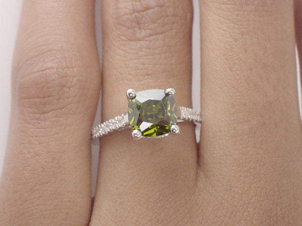7x7mm Cushion Cut Peridot Engagement Ring, VS E-F Diamonds Anniversary Ring in 14k Solid Gold 1.8ct, August Birthstone Ring