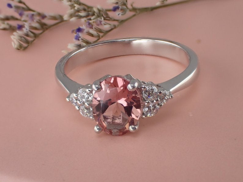 8x6mm Oval Cut Morganite Engagement Ring, VS E-F Diamond Cluster Wedding Ring in 14k Solid Gold, 1.5ct Peach Morganite