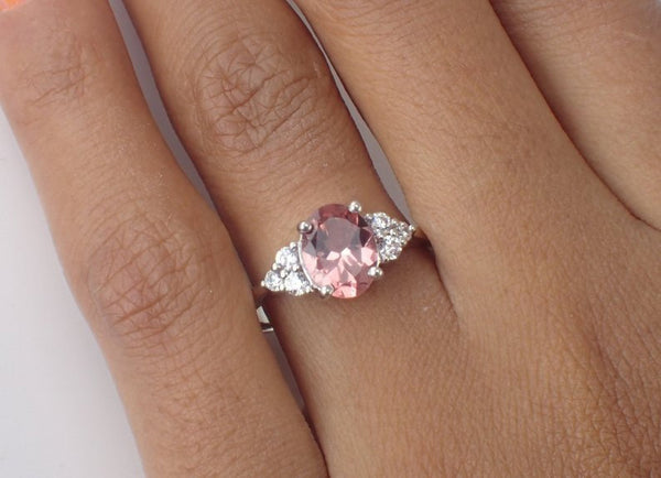 8x6mm Oval Cut Morganite Engagement Ring, VS E-F Diamond Cluster Wedding Ring in 14k Solid Gold, 1.5ct Peach Morganite