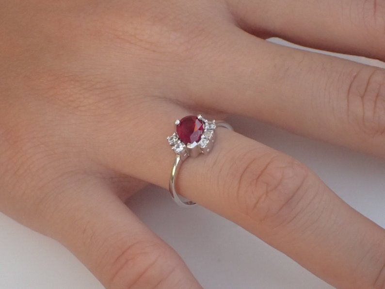 7x5mm Pear Cut Ruby Engagement Ring, VS E-F Diamond Cluster Wedding Ring in 14k Solid Gold, July Birthstone Ring 0.75ct