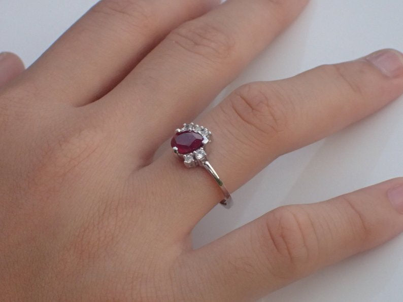 7x5mm Pear Cut Ruby Engagement Ring, VS E-F Diamond Cluster Wedding Ring in 14k Solid Gold, July Birthstone Ring 0.75ct