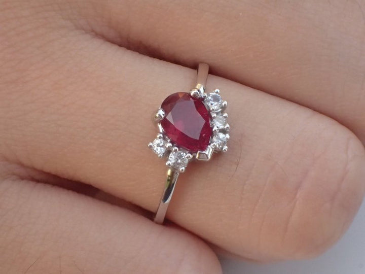 7x5mm Pear Cut Ruby Engagement Ring, VS E-F Diamond Cluster Wedding Ring in 14k Solid Gold, July Birthstone Ring 0.75ct