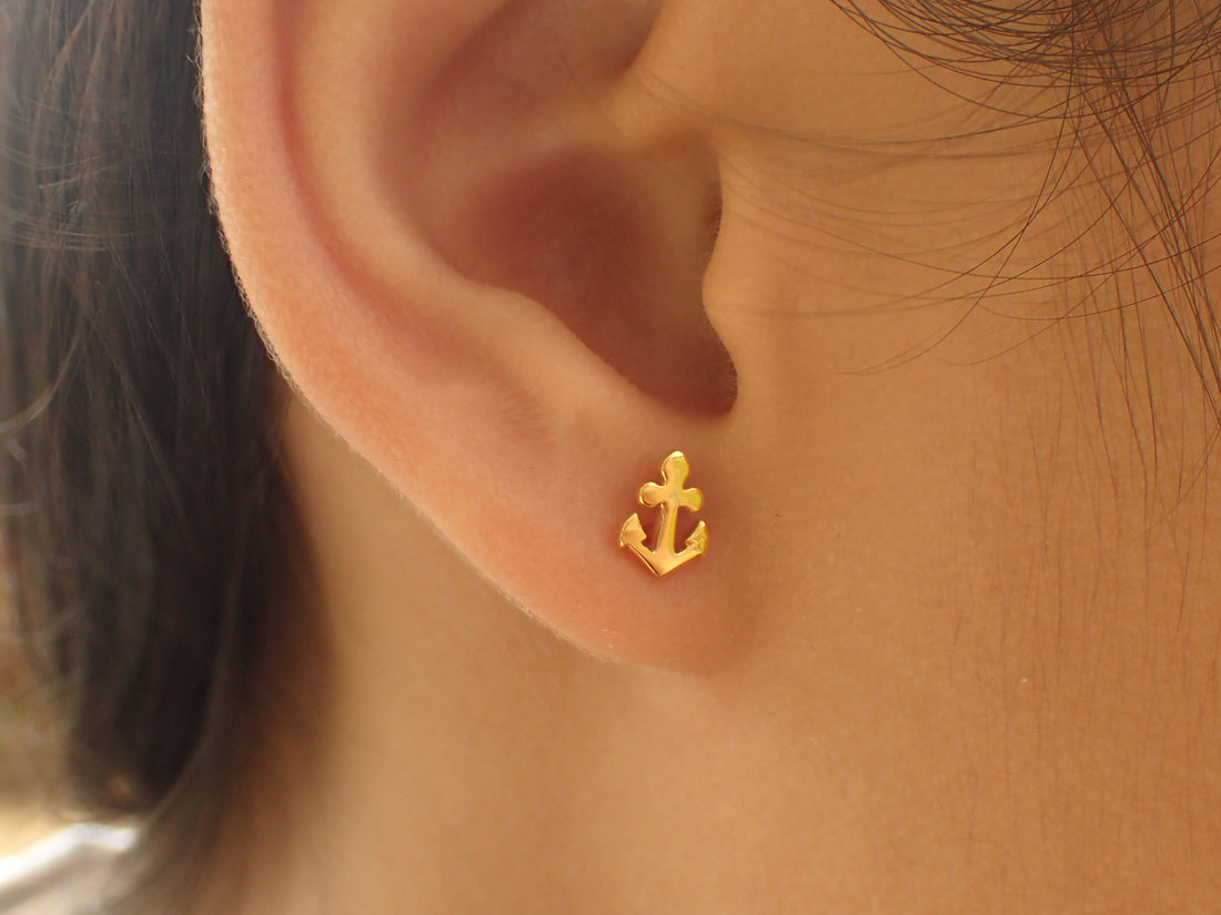 Anchor Stud Earrings, 14k Solid Gold Anchor Earrings, Tiny Stud Earrings, Nautical Earrings, Maritime Stud Earrings