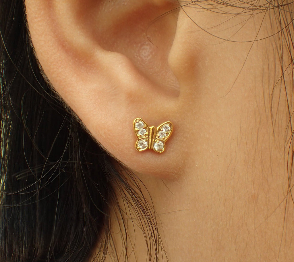 Butterfly Earrings, Gorgeous Pair of Butterfly, 14k Solid Gold with White Sapphires, Tiny Butterfly Earrings, Stud Post Earrings