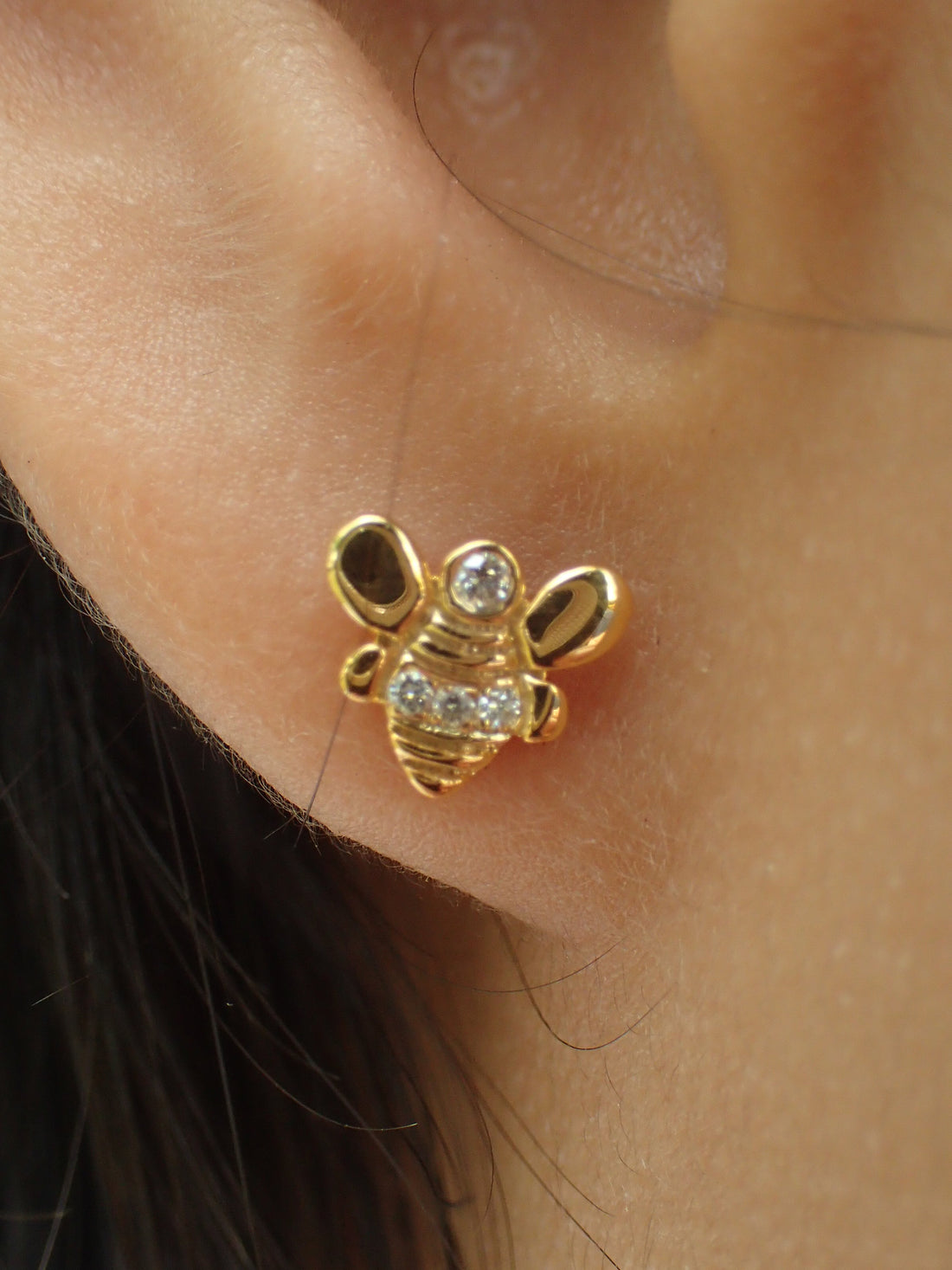 Honey Bee Gold Earrings, Gorgeous Pair of Bumble Bee, 14k Solid Gold with White Sapphires, Tiny Bee Earrings, Stud Post Earrings