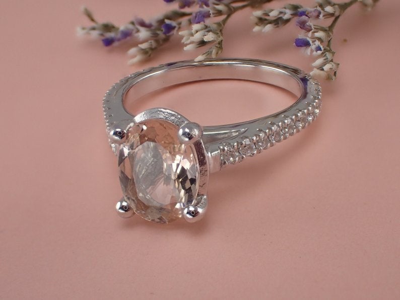 8x6mm Pink Morganite Engagement Ring, 14k Solid Gold Diamonds Anniversary Ring, 1.50ct Oval Cut Wedding Ring