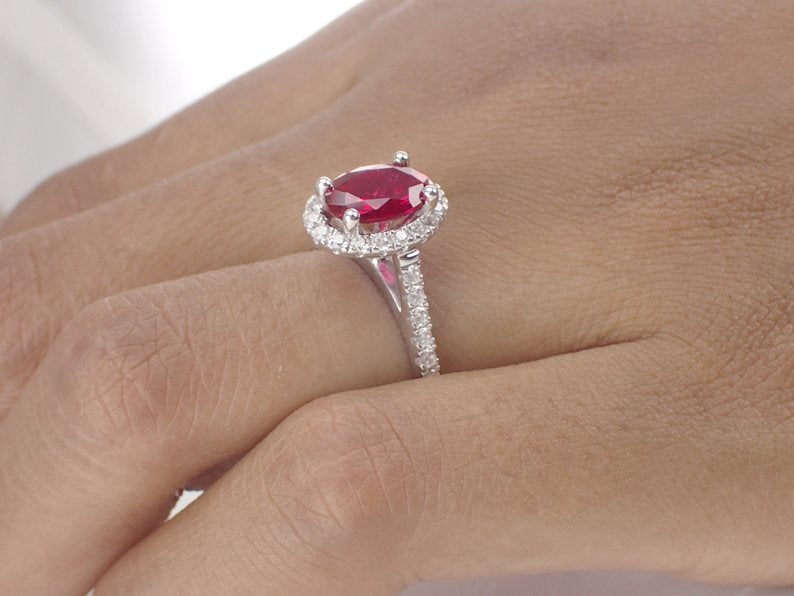 8x6mm Natural Ruby Engagement Ring, 14k Solid Gold Diamonds Halo Anniversary Ring, 1.50ct Oval Cut Wedding Ring