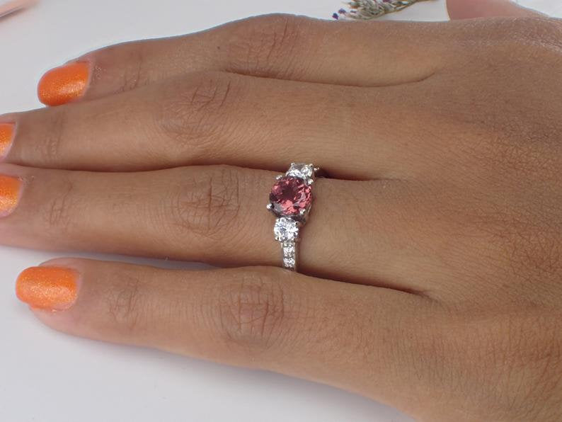 6mm Pink Tourmaline White Sapphire Three Stone Engagement Ring, 14k Solid God VS E-F Diamond Wedding Band