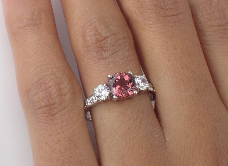 6mm Pink Tourmaline White Sapphire Three Stone Engagement Ring, 14k Solid God VS E-F Diamond Wedding Band