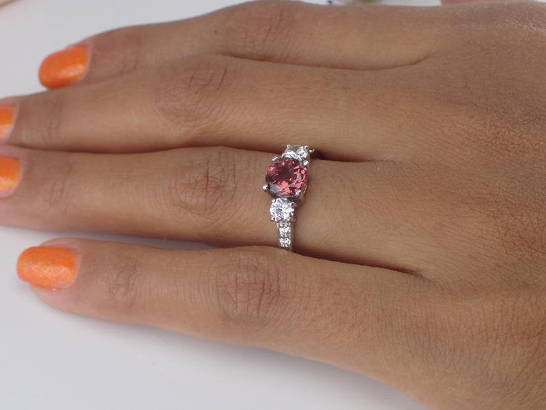 6mm Pink Tourmaline White Sapphire Three Stone Engagement Ring, 14k Solid God VS E-F Diamond Wedding Band