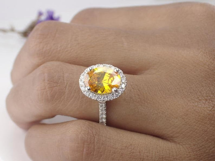 9x7mm Natural Yellow Sapphire Engagement Ring, 14k Solid Gold Diamonds Halo Anniversary Ring, 2ct Oval Cut Wedding Ring