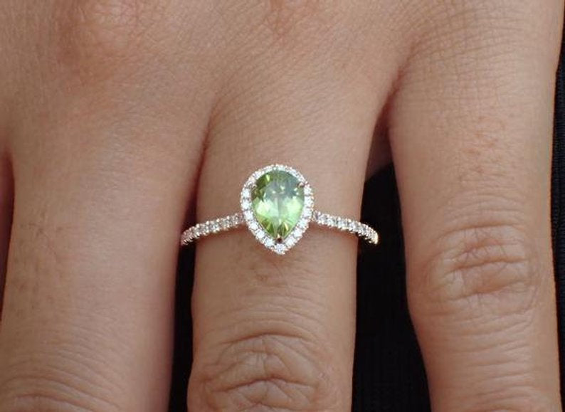 7x5mm Pear Cut Peridot Engagement Ring, Diamond Halo Cathedral Set Engagement Ring, 14k Solid Gold Anniversary Ring