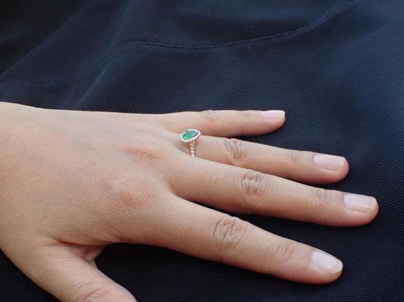 7x5mm Pear Cut Tsavorite Engagement Ring, Diamond Halo Cathedral Set Engagement Ring, 14k Solid Gold Anniversary Ring