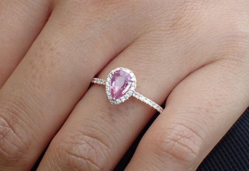 7x5mm Pear Cut Pink Sapphire Engagement Ring, Diamond Halo Cathedral Set Engagement Ring, 14k Solid Gold Anniversary Ring