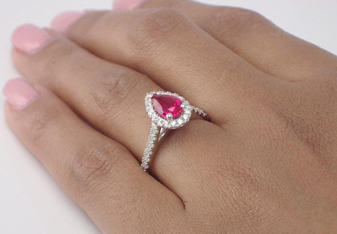 7x5mm Pear Cut Ruby Engagement Ring, Diamond Halo Cathedral Set Engagement Ring, 14k Solid Gold Anniversary Ring 0.75ct