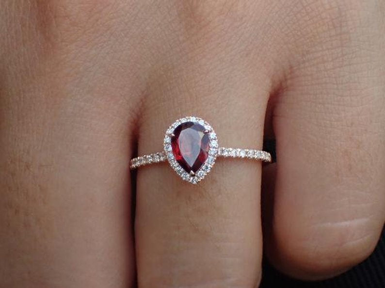 7x5mm Pear Cut Garnet Engagement Ring, Diamond Halo Cathedral Set Engagement Ring, 14k Solid Gold Anniversary Ring 0.75ct