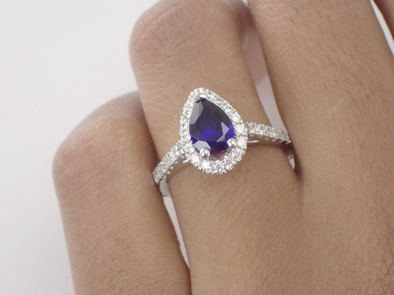 7x5mm Tear Drop Blue Sapphire Engagement Ring, Diamond Halo Cathedral Set Engagement Ring, 14k Solid Gold Anniversary Ring