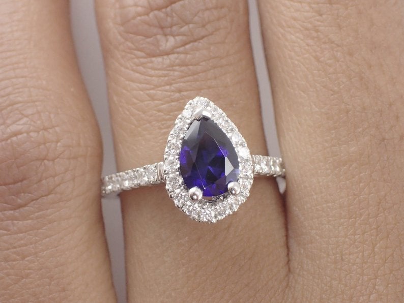 7x5mm Tear Drop Blue Sapphire Engagement Ring, Diamond Halo Cathedral Set Engagement Ring, 14k Solid Gold Anniversary Ring