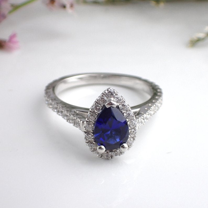 7x5mm Tear Drop Blue Sapphire Engagement Ring, Diamond Halo Cathedral Set Engagement Ring, 14k Solid Gold Anniversary Ring