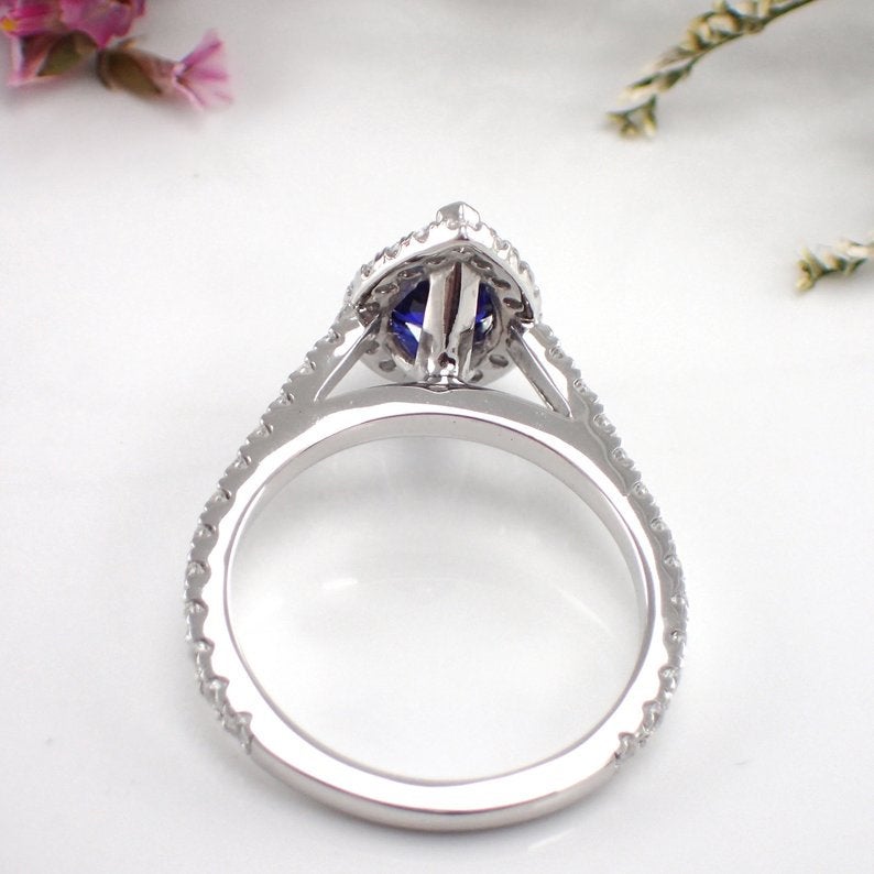 7x5mm Tear Drop Blue Sapphire Engagement Ring, Diamond Halo Cathedral Set Engagement Ring, 14k Solid Gold Anniversary Ring