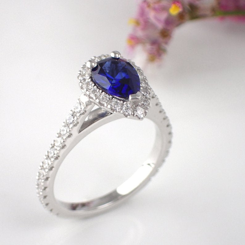 7x5mm Tear Drop Blue Sapphire Engagement Ring, Diamond Halo Cathedral Set Engagement Ring, 14k Solid Gold Anniversary Ring