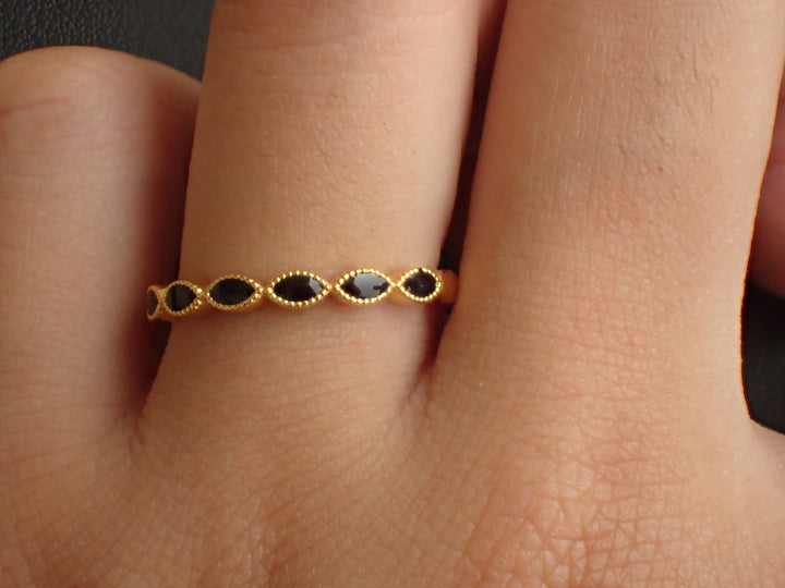 Art Deco Inspired Black Enamel Wedding Band, 14k Solid Gold Enamel Half Eternity Band, Marquise Shape Wedding Band