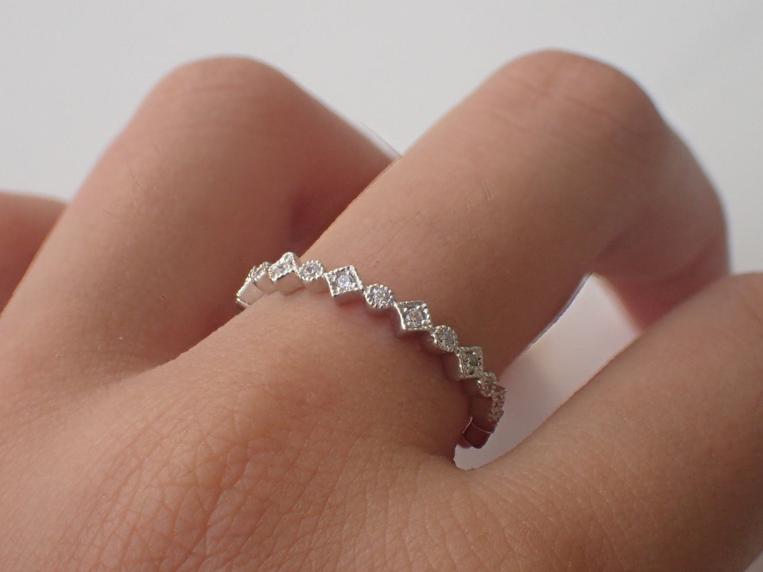 Art Deco Diamond Wedding Band, Solid Gold Full Eternity Band, Square Dot Platinum 950 Vintage Inspired Wedding Ring