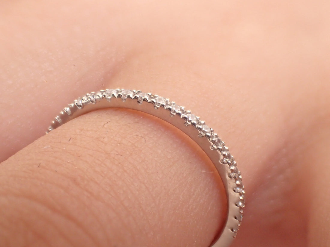 Micro Pave Eternity, 10k Gold Eternity, Half Eternity Pave Moissanite Band, Thin Dainty Stacking, Delicate Pave Ring