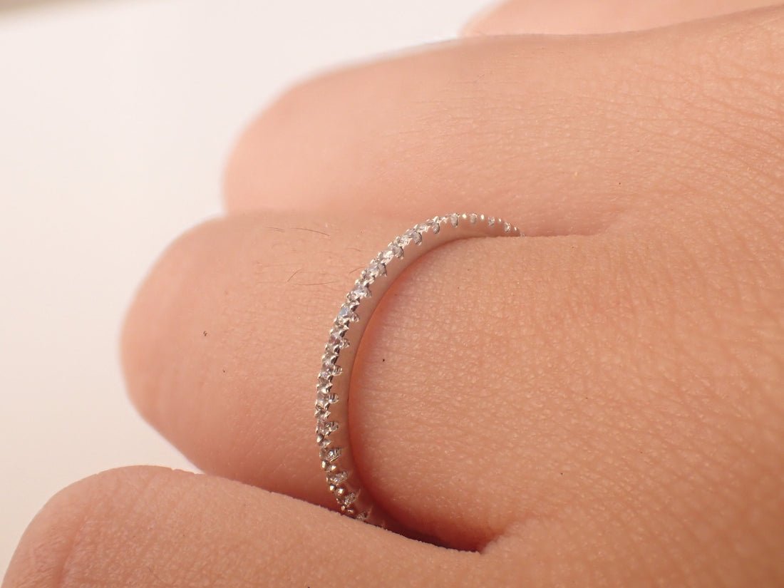 Micro Pave Eternity, 10k Gold Eternity, Half Eternity Pave Moissanite Band, Thin Dainty Stacking, Delicate Pave Ring