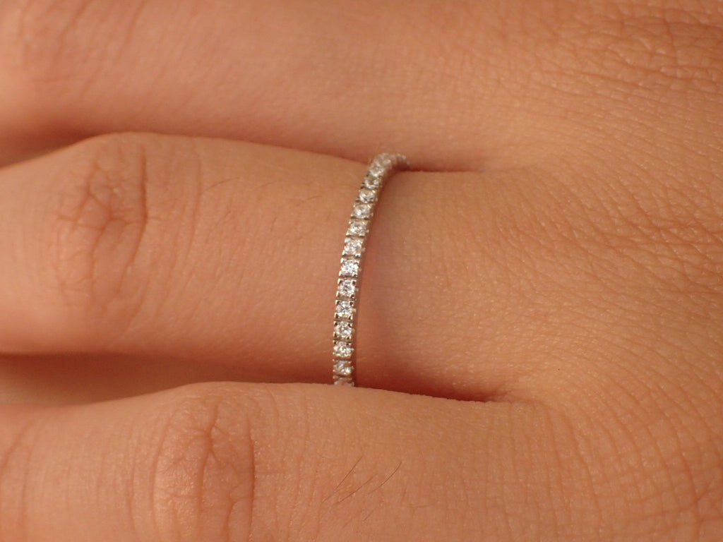 Micro Pave Half Eternity Band, Thin Dainty Stacking Diamond Band, Delicate Pave Ring Gold or Platinum 950