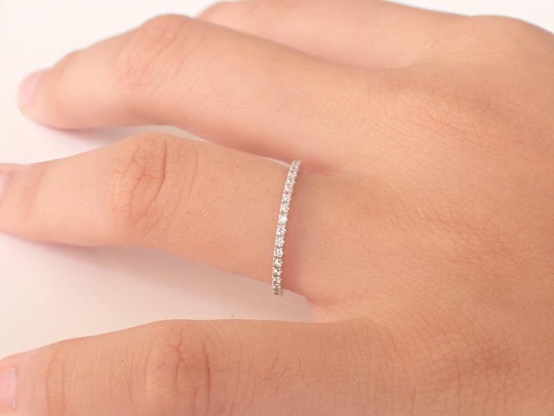 Micro Pave Eternity Platinum Diamond Wedding Band, 1.3mm Half Eternity Stackable Band, Thin Dainty Band, Delicate Platinum Band