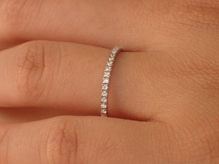 Micro Pave Half Eternity Band, Thin Dainty Stacking Moissanite Band, Delicate Pave Ring Gold or Platinum 950