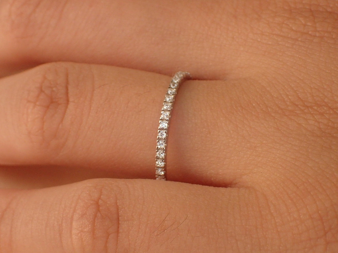 Micro Pave Setting Platinum Band, Half Eternity Ring, Delicate Diamond Wedding Band, Thin Dainty Band 1.5mm