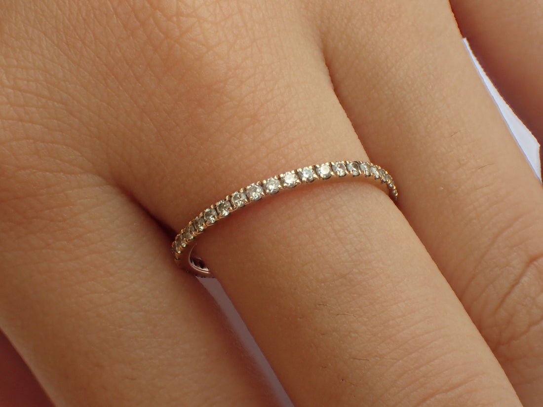 Micro Pave Setting Platinum Band, Half Eternity Ring, Delicate Diamond Wedding Band, Thin Dainty Band 1.5mm