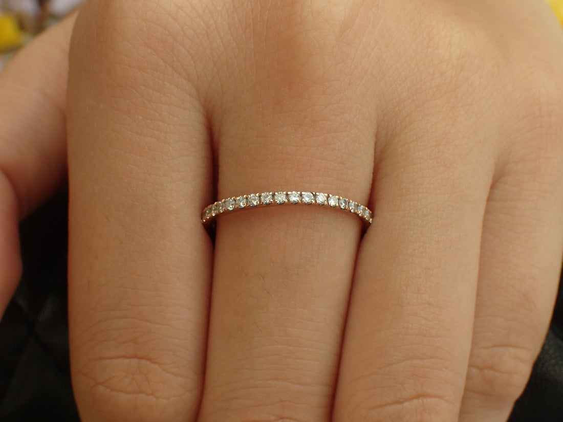 Micro Pave Setting Platinum Band, Half Eternity Ring, Delicate Diamond Wedding Band, Thin Dainty Band 1.5mm