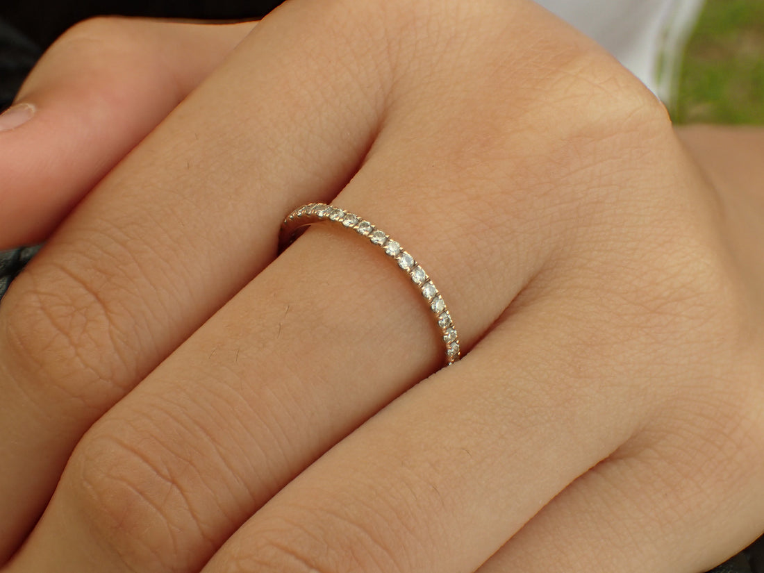 Micro Pave Setting Platinum Band, Half Eternity Ring, Delicate Diamond Wedding Band, Thin Dainty Band 1.5mm