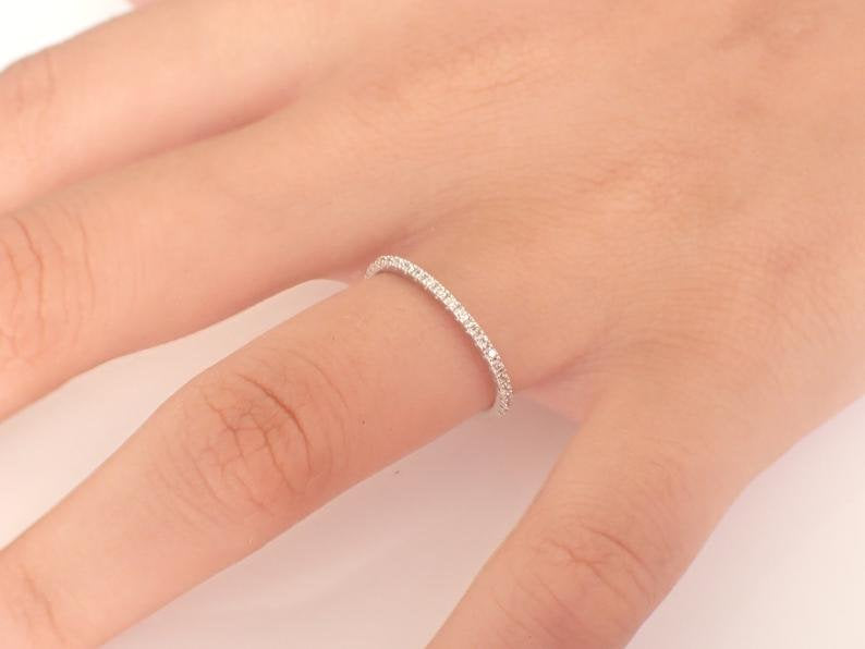 Micro Pave Diamond Wedding Band, Solid Gold Dainty Stackable Band, Half Eternity Ring, PT950 Thin Dainty Band