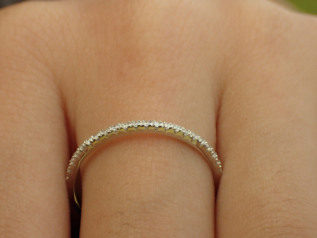 Micro Pave Diamond Wedding Band, Solid Gold Dainty Stackable Band, Half Eternity Ring, PT950 Thin Dainty Band