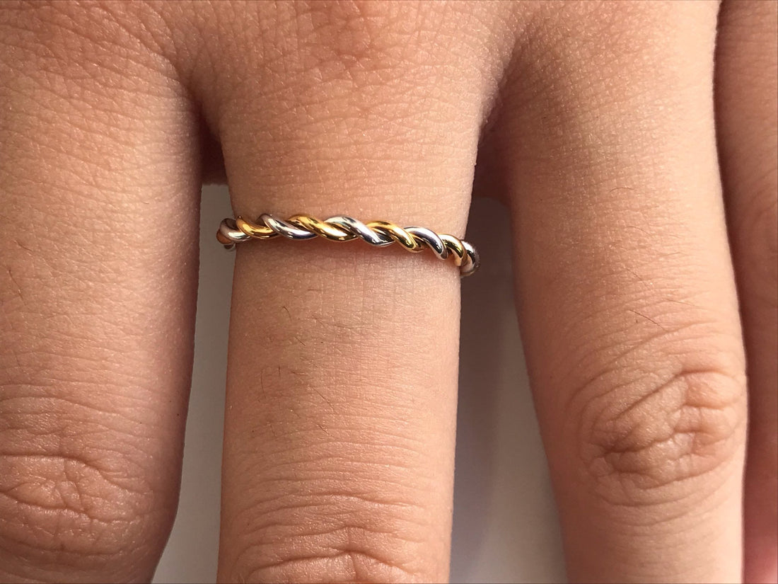 Twisted Rope Two Tone Ring in 14k Solid Gold, Simple Minimalist Ring, Hand Made Ring, Infinity Rope Ring 1.5mm