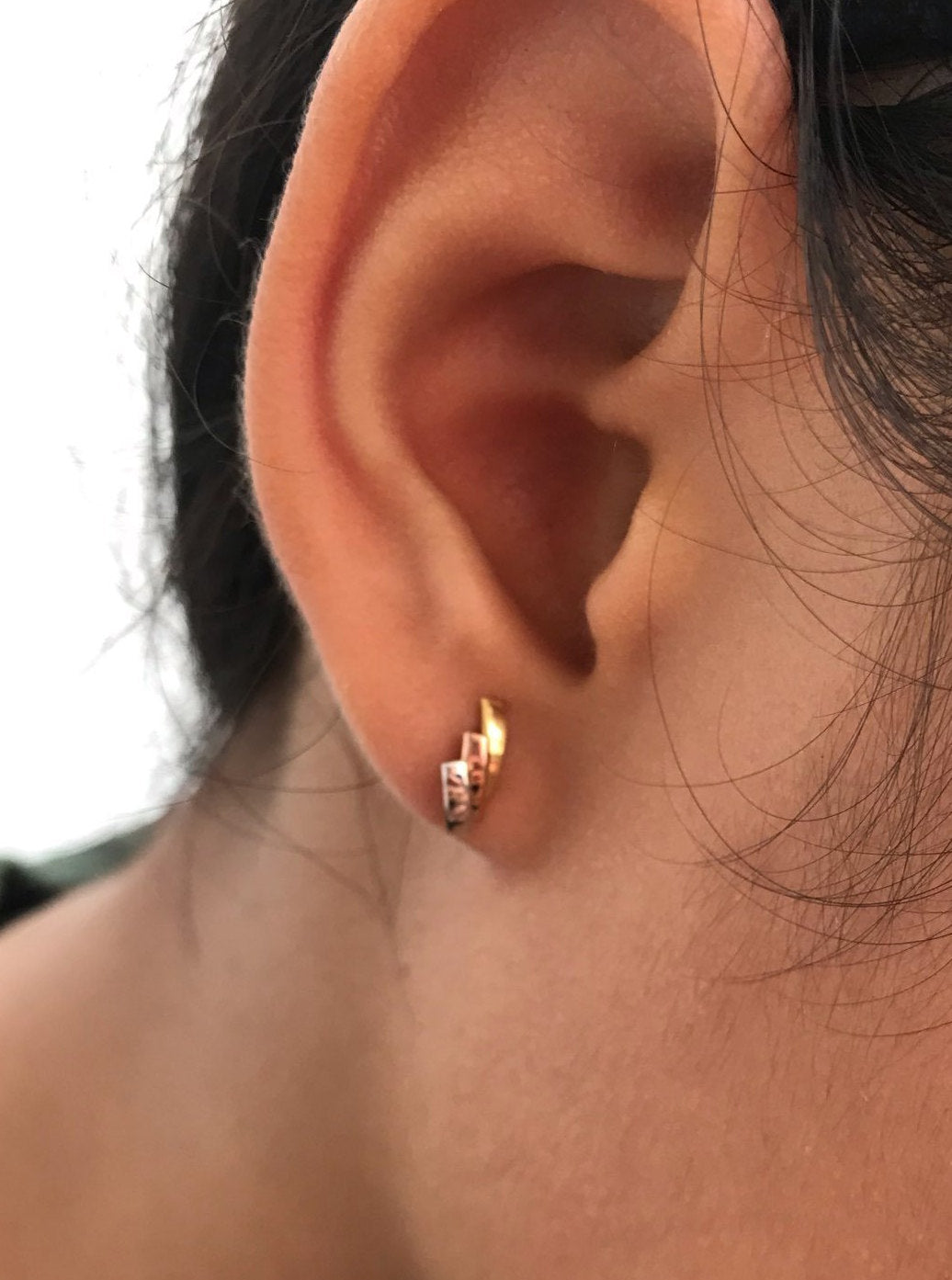 Three Color Earrings in 14K Solid Gold, Stud Post Earrings, Tri Color Earrings, Delicate Tiny Stud Earrings