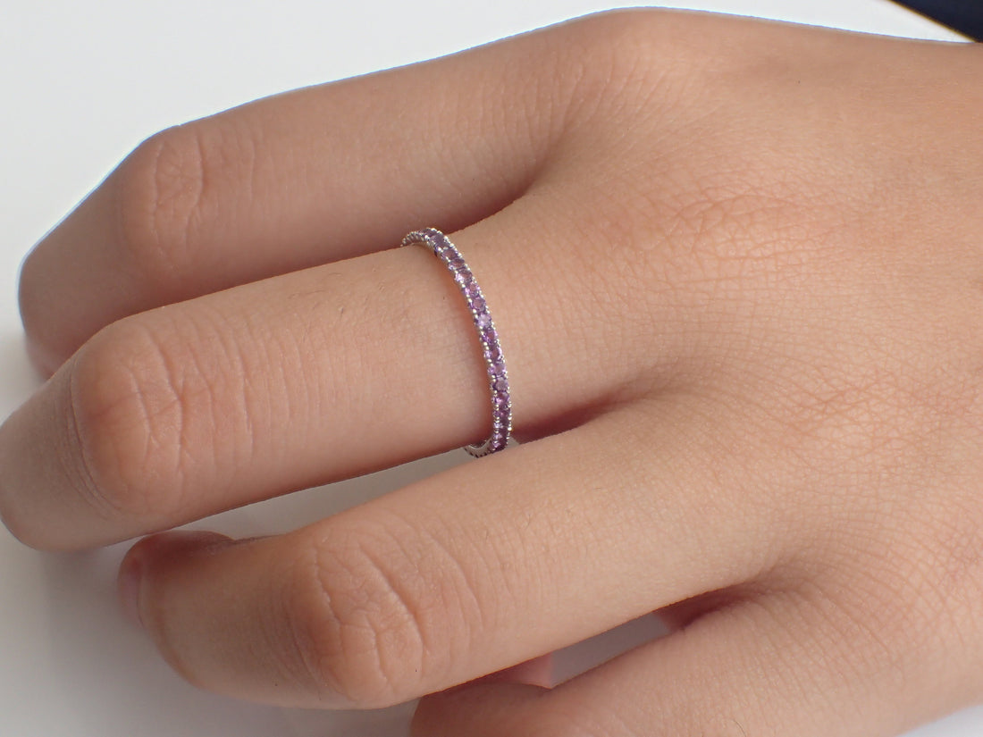 Amethyst Eternity Band, Solid Gold Full Eternity Ring, Thin Dainty Band, February Birthstone Ring, Delicate Amethyst Ring