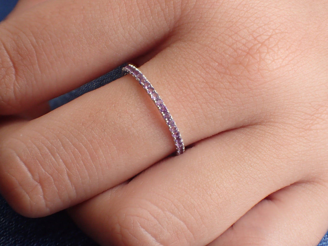 Amethyst Eternity Band, Solid Gold Full Eternity Ring, Thin Dainty Band, February Birthstone Ring, Delicate Amethyst Ring