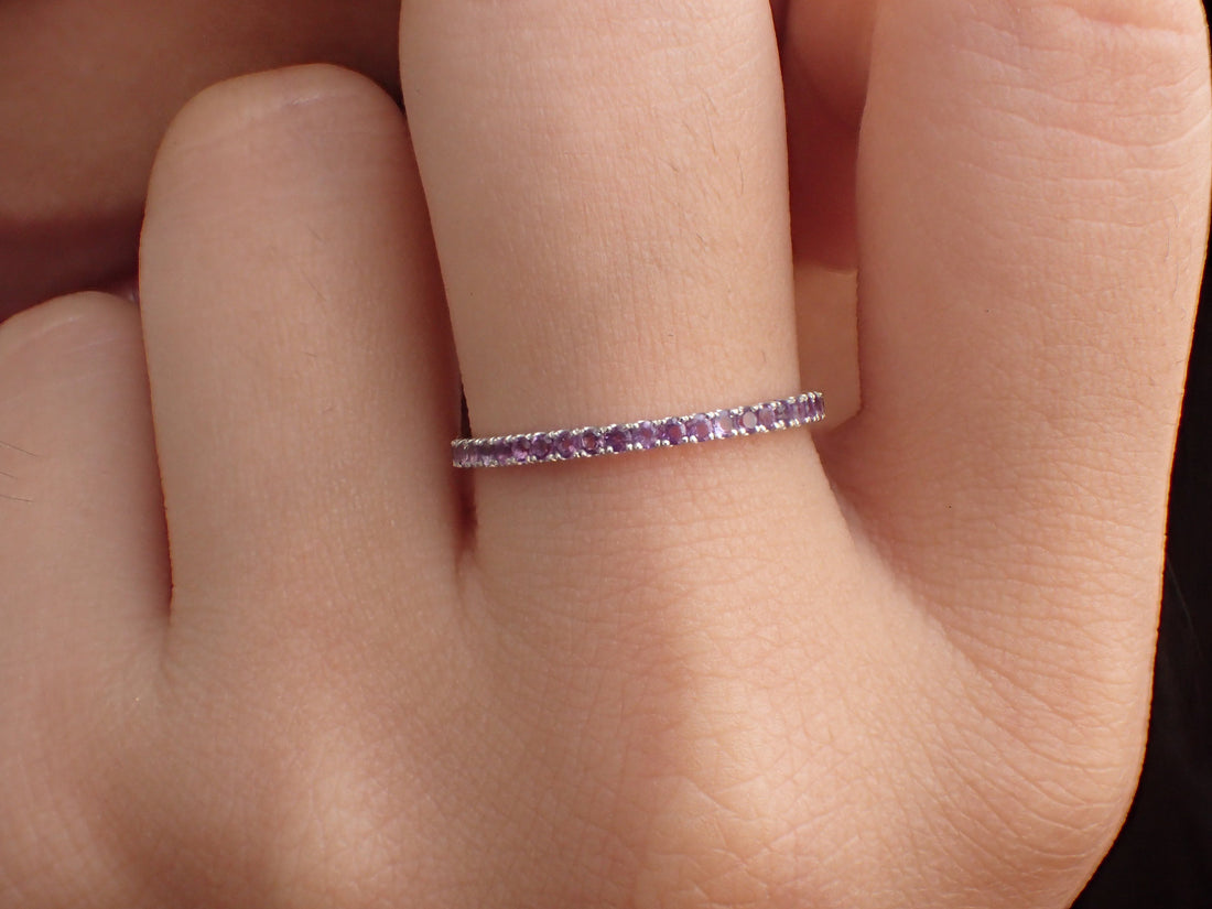 Amethyst Eternity Band, Solid Gold Full Eternity Ring, Thin Dainty Band, February Birthstone Ring, Delicate Amethyst Ring